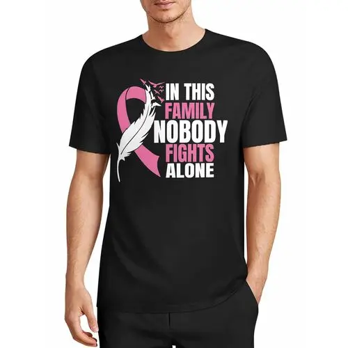 Fans with Feathered Birds on Them in This Family Nobody Fights Alone Anti-Cancer Charity Print Black T-Shirt