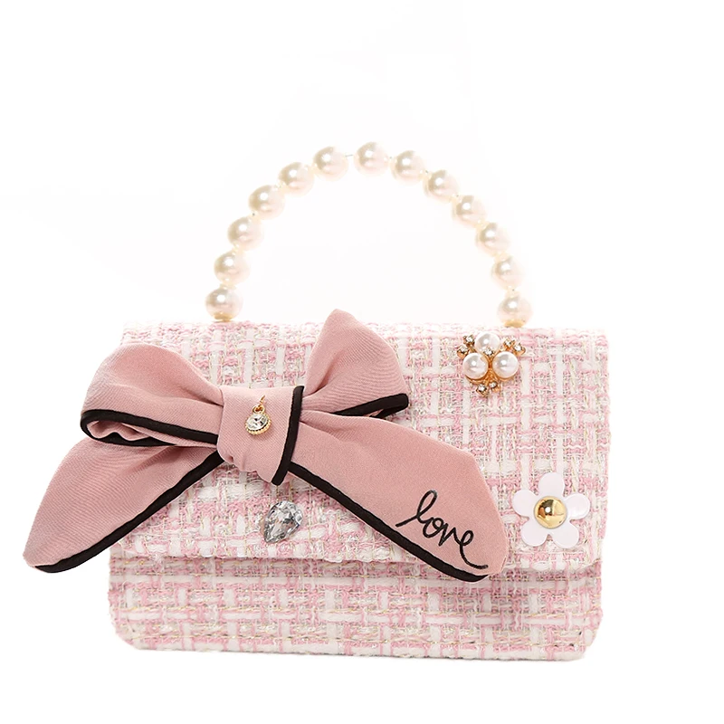 Best Seller In Brazil Handbag Kwaii Diamond Kids Bags Water Brop Big Bow Hand-held Pearl Diagonal Party Purse Gift Children Bag