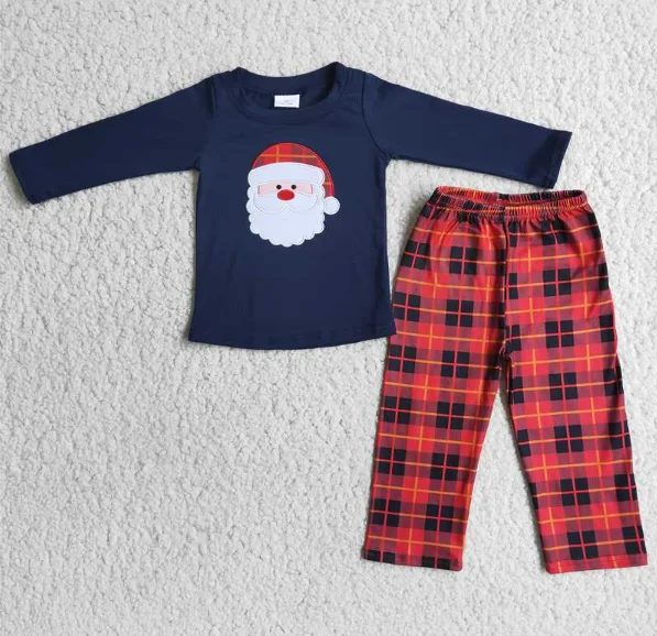 

Wholesale Baby Kids Clothes Boys Embroidered Christmas Long Sleeve Top Plaid Pants Set