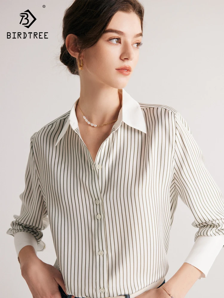 Birdtree 100%Mulberry Silk Striped Shirt Women\'s Spring/Summer 2023 New Long Sleeve Polo Printed Office Lady Blouses T38360QC