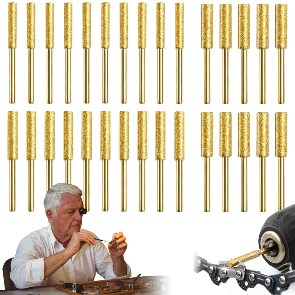 Ensemble de têtes de meulage en émeri doré, une scie à chaîne diamantée avec poignée de 3 mm pour le meulage des bavures, utilisée pour affûter les dents de chaîne de scies à chaîne et entretenir les outils rotatifs.