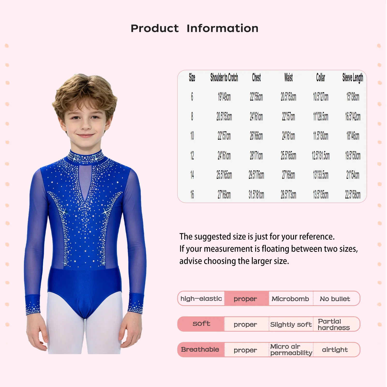 Kinder Jungen Strass-Bodysuit Jumpsuit Langarm Mesh-Bodysuit Gymnastik Ballett Trikot Eiskunstlauf Auftritts-Kostüm – Detail 1
