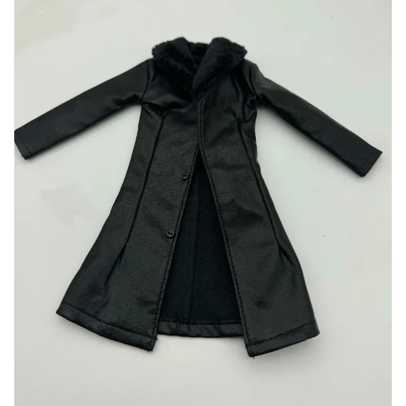 Black 1/6 Scale Male Pu Leather Windbreaker Long Coat Furry Collar Lapel Clothes Model for 12in Action Figue Accessory