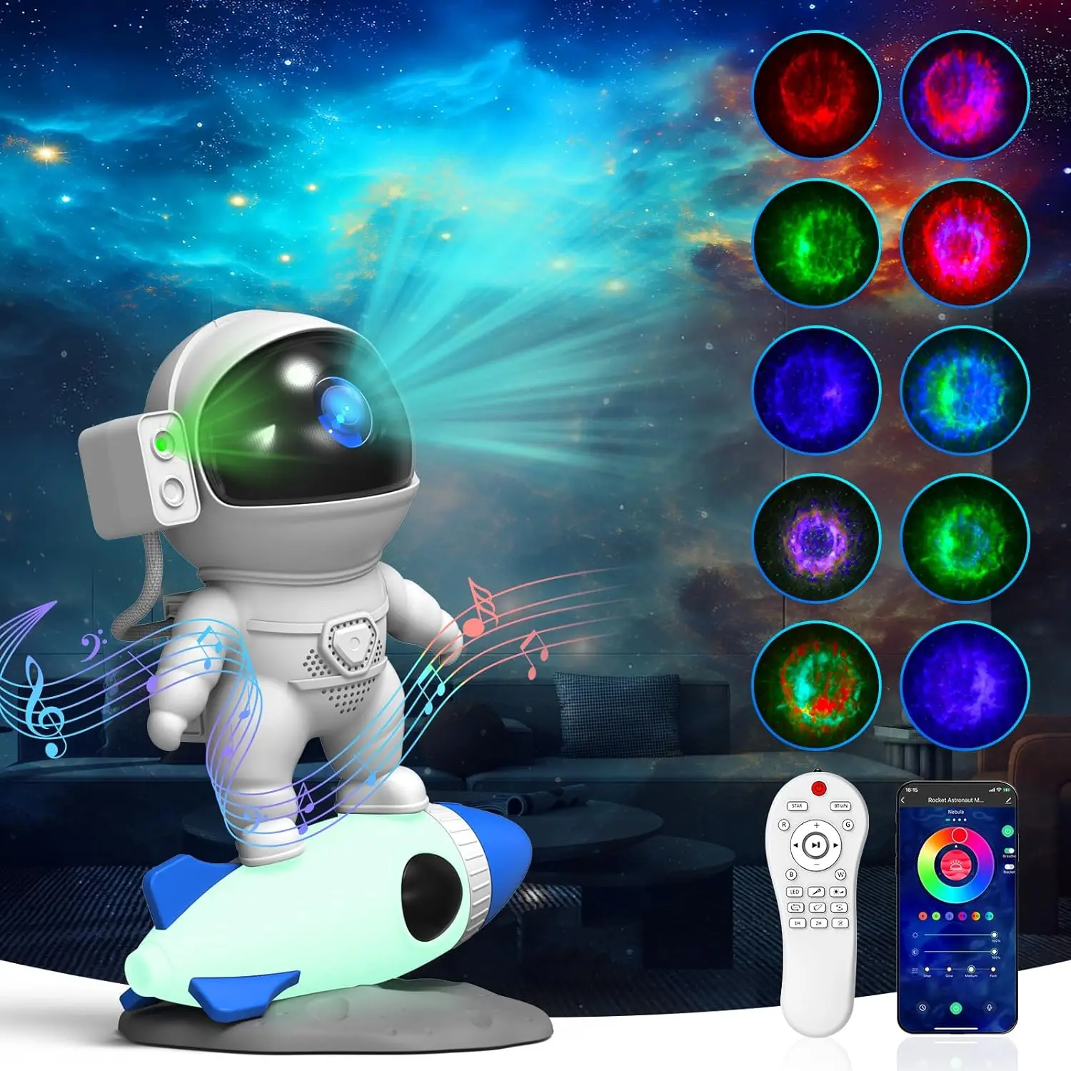 Astronaut Galaxy Projector, Star Nebula Projector with Rocket Lamp, Remote Control&White Noises,Night Lights LED Star Projector
