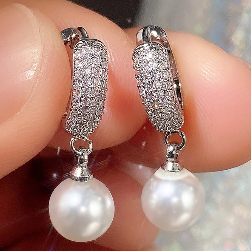 Luxury Fashion Pearl Micro Pave Zircon Hoop Earrings for Women Drop Earring Casual Party Birthday Gift Jewelry Pendientes Mujer