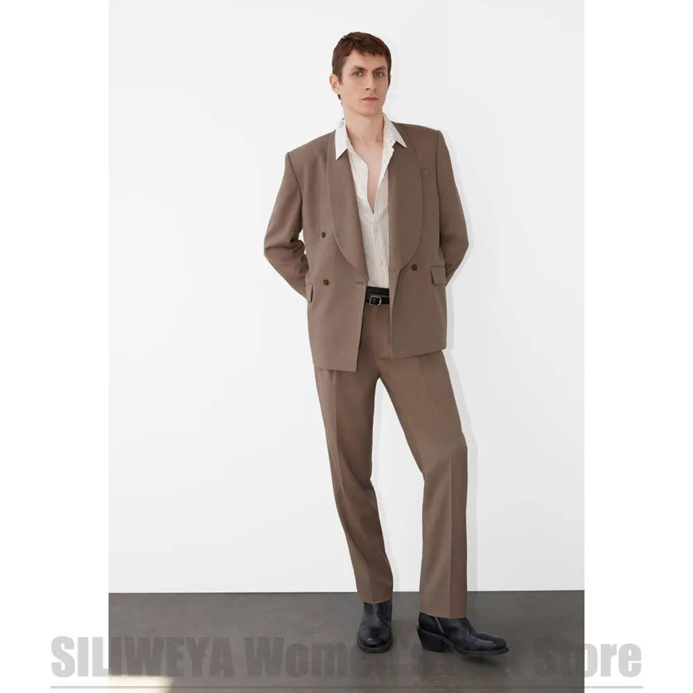 Men Two Piece Suit Slim Fit Shawl Collar Double Breasted Formal Business Blazer Pants Wedding Prom Party Male Daily Outfit