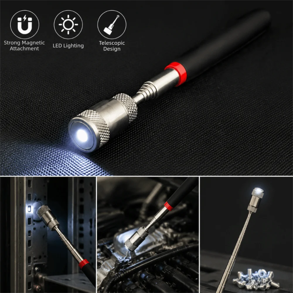 Adjustable Length Magnetic Retractable Picker Extendable Handle 70cm Length Telescopic Magnet Tool LED Light