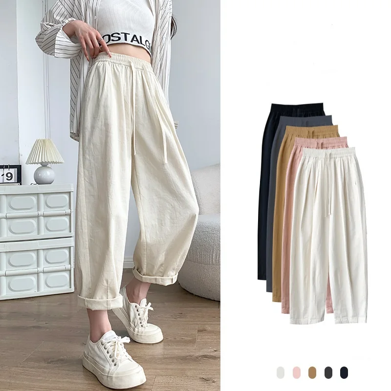 

Spring Summer Women Pants Cotton Linen Harem Pants Loose Casual Solid Color Pants Fitting Straight Wide Leg Pants