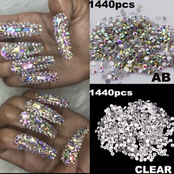 1440pcs AB/Clear Super Glitter Rhinestone ss3-ss16 Flat-Back Non HotFix 3D Glass Nail Art DIY Round Crystal Manicure Diamond &*1