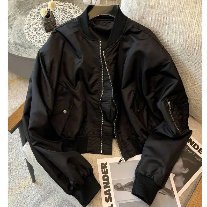 

Loose zipper cardigan short coat women's black jacket spring flight suit top 2026 women coat and jackets