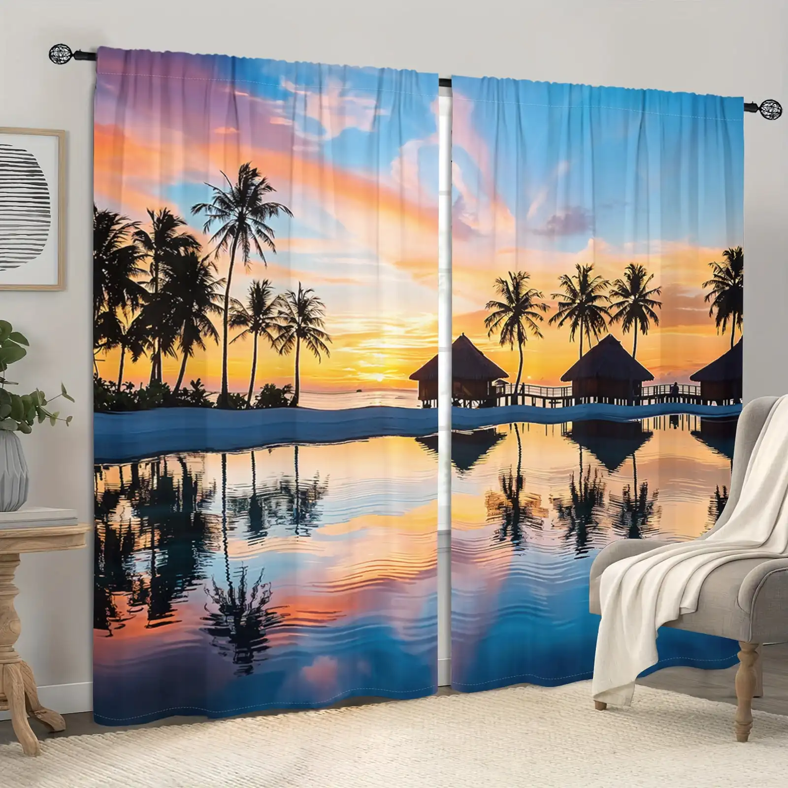 

2 шт. штор из полиэстера с эффектом персиковой кожи, с принтом тропических пальм и заката, светопропускающие, для гостиной, спальни, домашнего декора