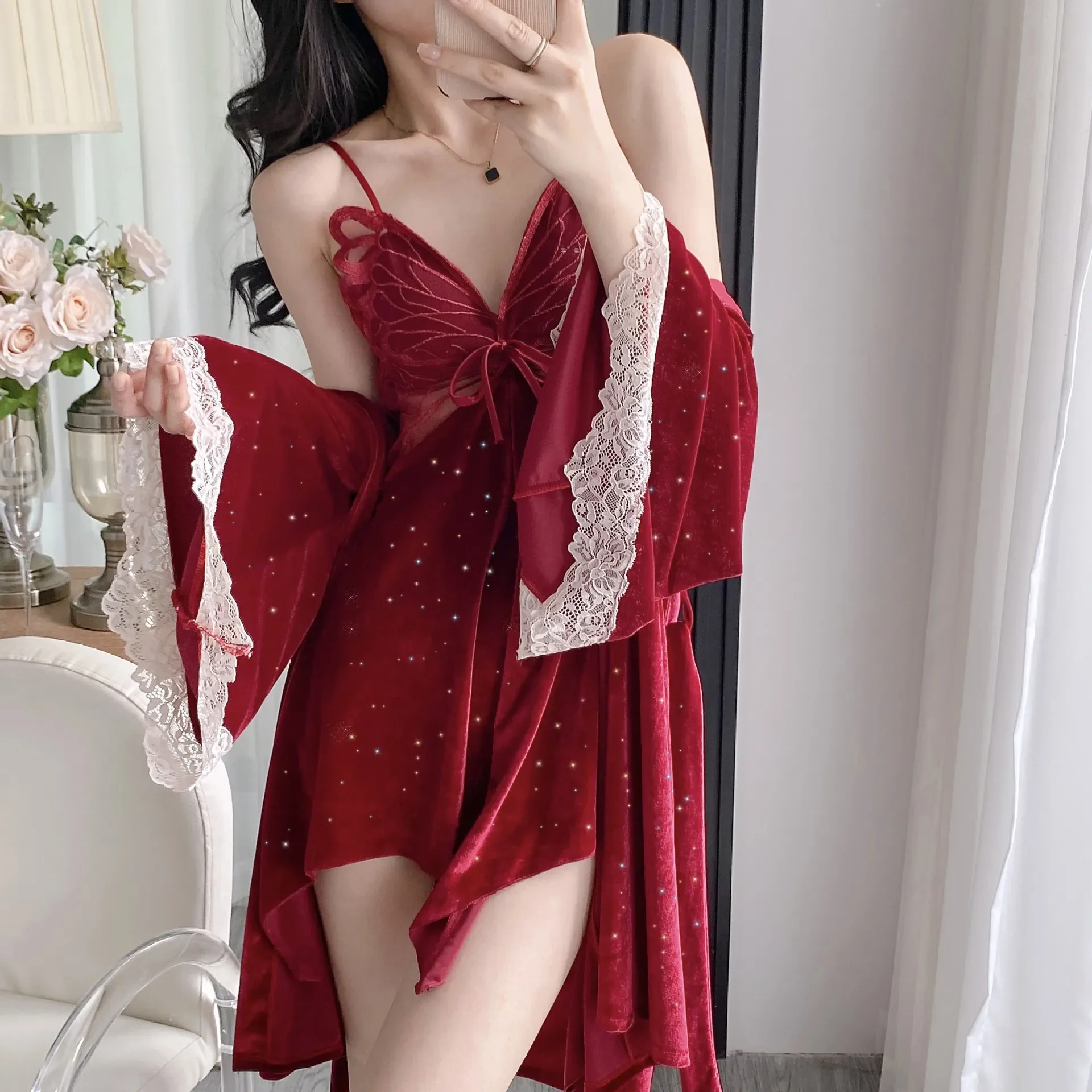 

Sexy Backless Temptation Sleepwear with Chest Pad Velvet Autumn Winter Strap Sleep Dress Robe Home Clothes Set Women