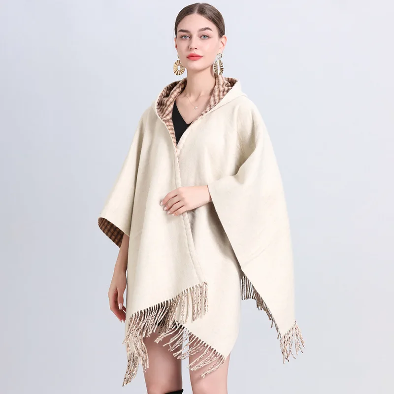 

Female Winter Faux Cashmere Shawl Warm Striped Loose Poncho Capes Women Double Side Used Long Split Streetwear Tassel Cloak