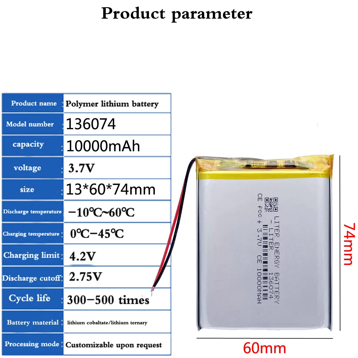 جودة جيدة 3.7 فولت ، 10000mAH 136074 بوليمر ليثيوم أيون/بطارية ليثيوم أيون للطاقة الشمسية بنك الطاقة المحمول