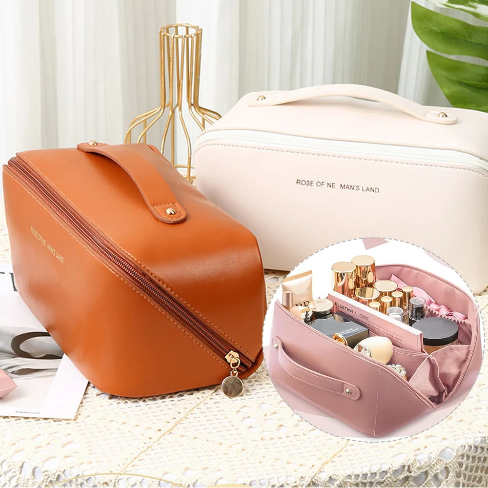 Leather Travel Cosmetic Bag Portable Women Large Capacity Makeup Case Waterproof Multifunctional Toiletry Organizer Storage Bag