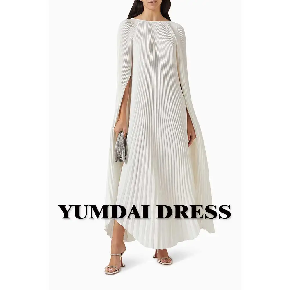 

YUMDAI Elegant Women's Beige Round Neck Gorgeous Party Dress Pliss Crepe Formal Evening Gown 2024 Saudi Abbey Blouse Dress