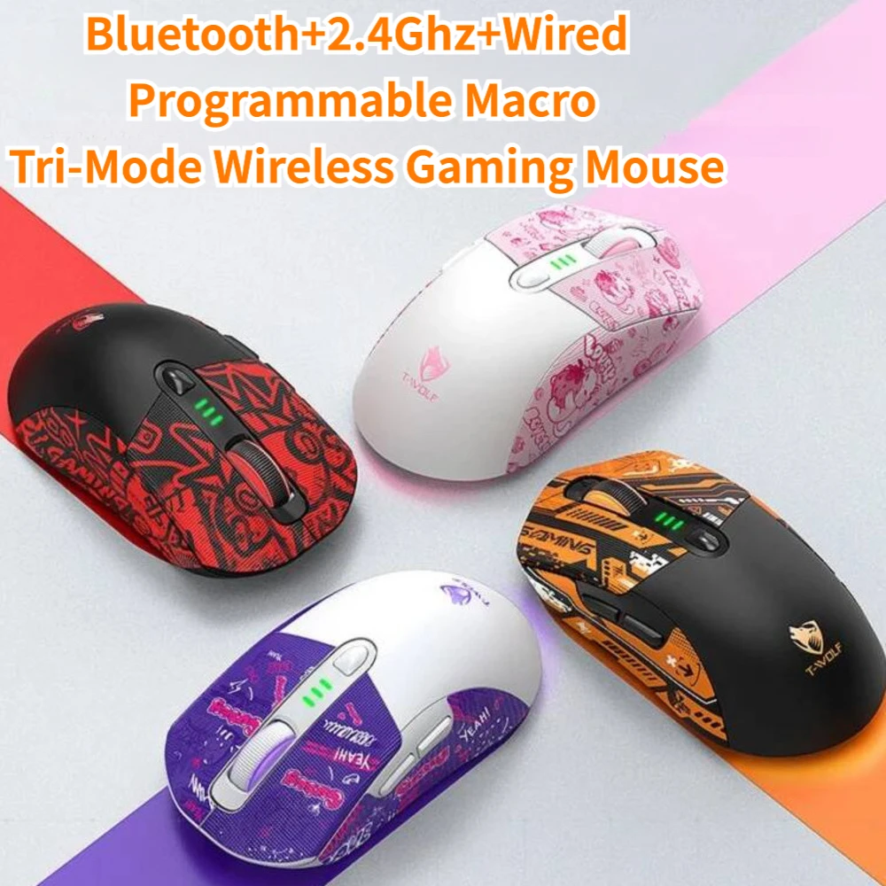 Bluetooth+2.4Ghz+Wired Tri-Mode Wireless Gaming Mouse 12800DPI RGB Backlit 1Khz Polling Rate Programmable Macro Mice