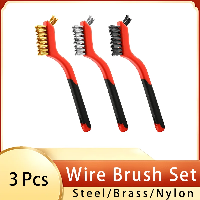 3 Pcs Wire Brush Set Stainless Steel/Brass/Nylon Wire Brushes with Curved Handle Grip for Scrubbing Welding Slag and Rust Handy