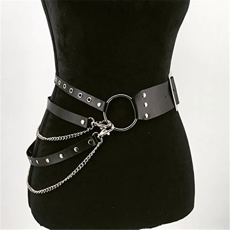 

Gothic Punk Waist Belt Chain Metal Circle Ring Design Silver Pin Buckle Leather Black Waistband Jeans Waist Belts Fashion Women