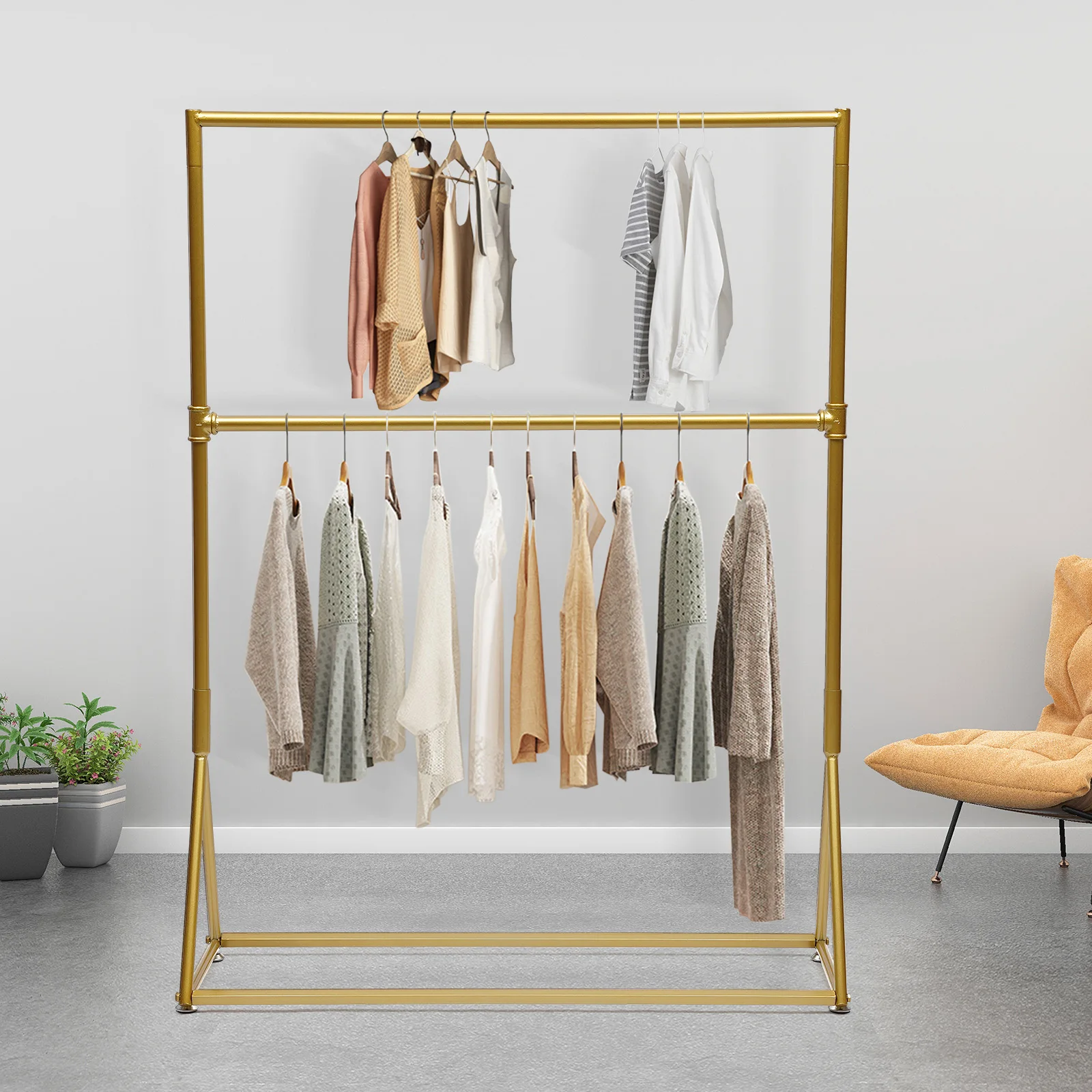 

Stylish 2-Tier Garment Rack, Apparel Organizer, Clothing Display Stand for Boutique, Home, or Closet, Freestanding Apparel Rack