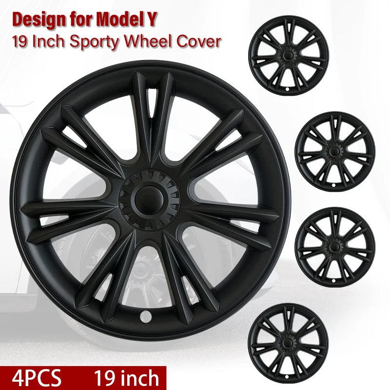 4 PCS 19Inch Sporty Wheel Hub Cap Matte Black Automobile Wheel Hub Fully Wrap Rim Cover Replacement for Tesla Model Y 2020-2024