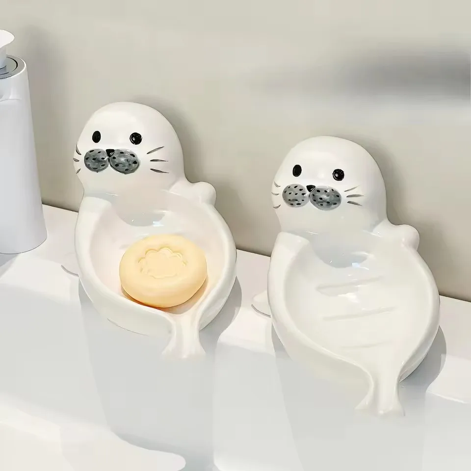 Cute Sea Lion Soap Box Punch-free Creative Ceramic Drainable Soap Dish High-value Soap Holder Home Bathroom Decor Organizer