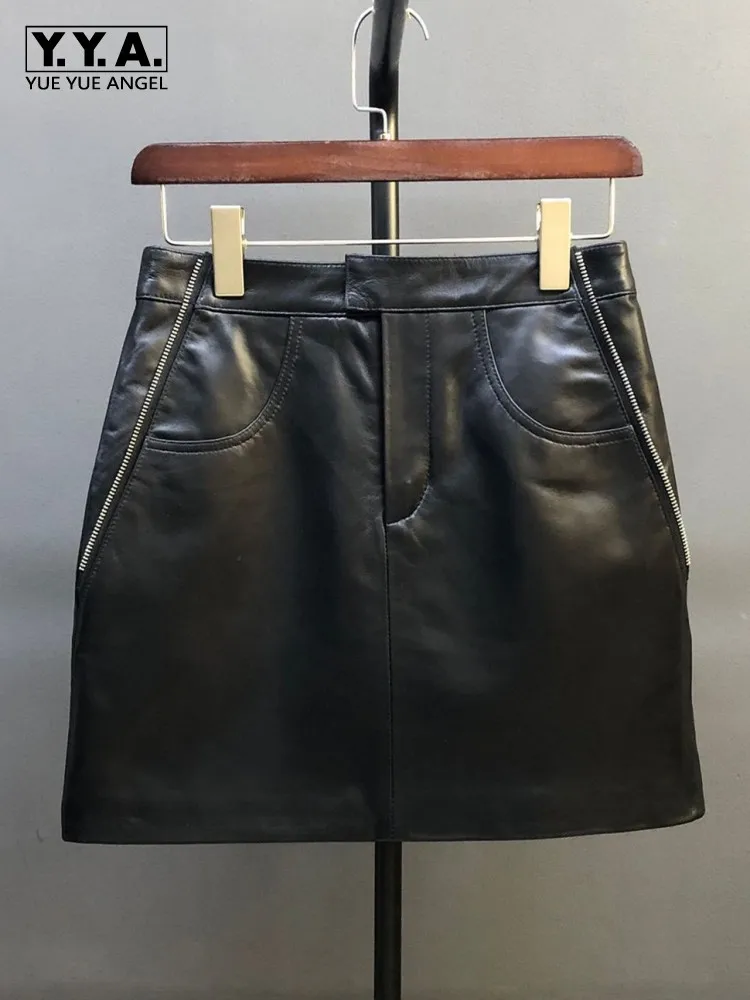 Fashion Ladies Button Pockets Genuine Leather Slim Oil Wax Cowhide Mini Skirt Solid Color Sheepskin Handmade A Line Skirts
