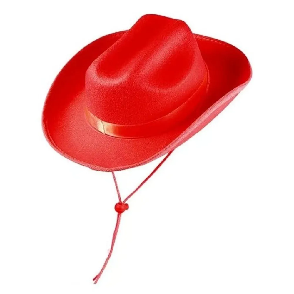 

Solid Color Kids Cowboy Hat Breathable Non-woven Western Cowgirl Hat with Windproof Rope Wide Brim