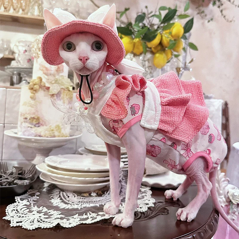 

Luxury Cat Pink Fragrant Dress with Bowknot Hat Wedding Party Sphynx Cat Dress for Girl Cat Summer Cute Loungewear for Devon Rex