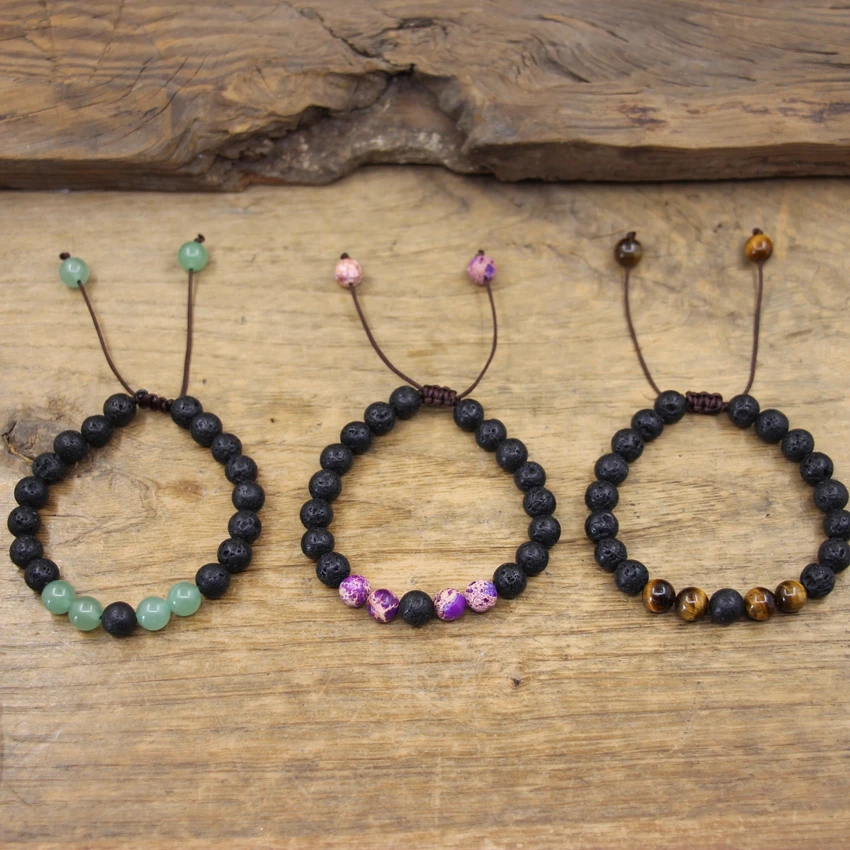 

Natural Lava Stone Gems 8mm Round Beads Cord Knotted Handmade Adjustable Bracelets Amethysts/Labradorite Women Jewelry QC2075