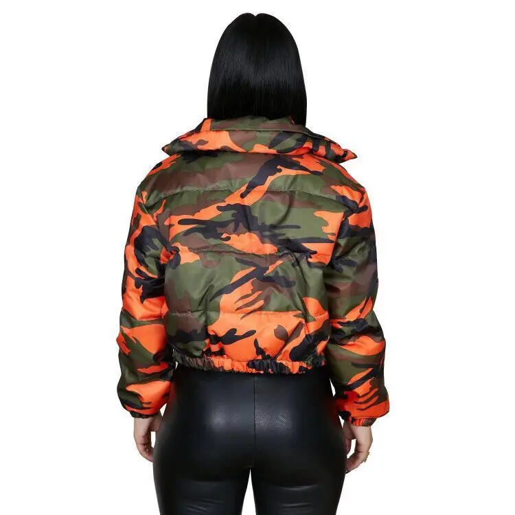 2023 Winter Women Short Parkas High Collar Full Sleeve Zipper Camouflage Print Coat High Street Outer Night Club Jacket Tops
