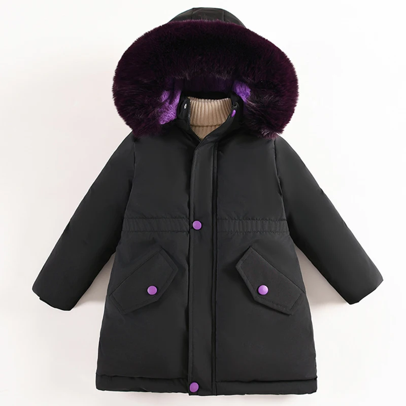 New Big Size Teen-agers Winter Girls Jacket Fur Collar Lining With Velvet Hooded Thick Coat For Kids Children Birthday Present
