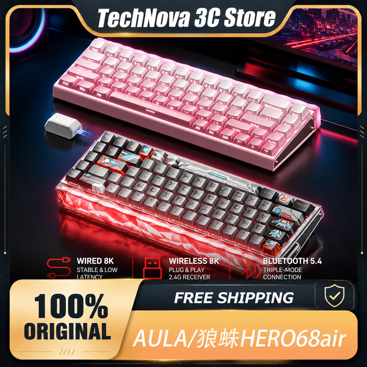3-mode Magnetic Switch New AULA HERO68 Air Gaming Mechanical Keyboard E-sport Custom Wired Ergonomics Accessories