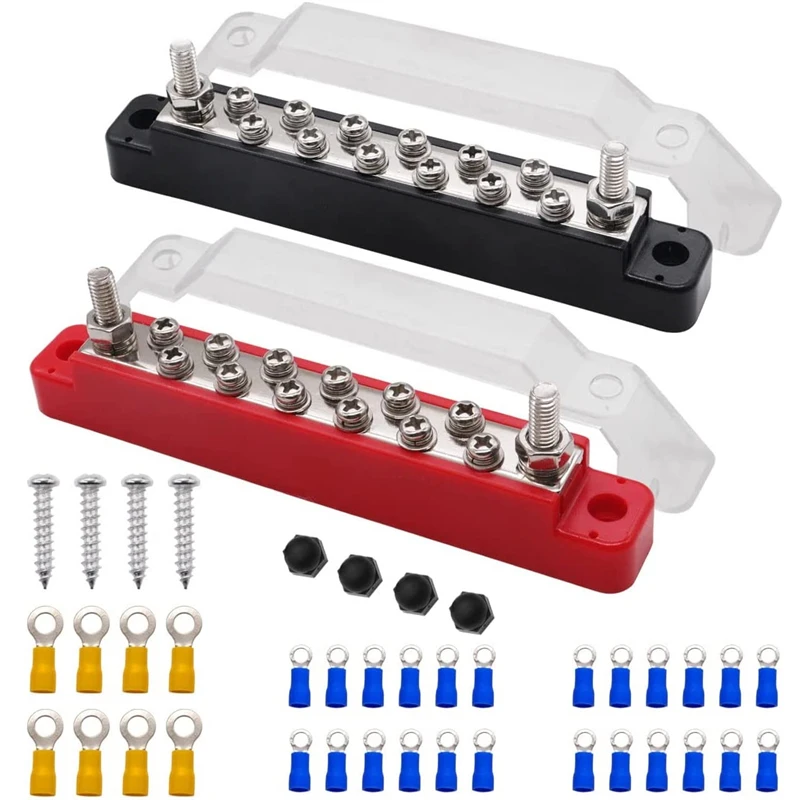 

Power Distribution Block 150A Bus Bar Terminal Block with Cover 2x1/4"(M6) Terminal Studs 12xM4 Terminal Screws for Boat Marine