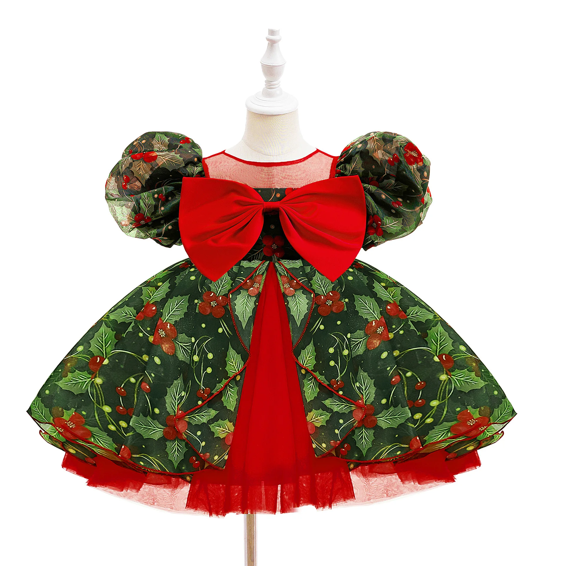 Vintage Girls Green Elf Christmas Dress Floral Big Bow Puffy Dresses For Children Stage Performance Festival Xmas Party Costume