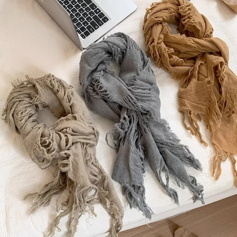 Vintage Wool Scarf Distressed Ragged Neck Scarf for Women Men Unisex Neck Warmer for Winter Outdoor Fashion Neckwear