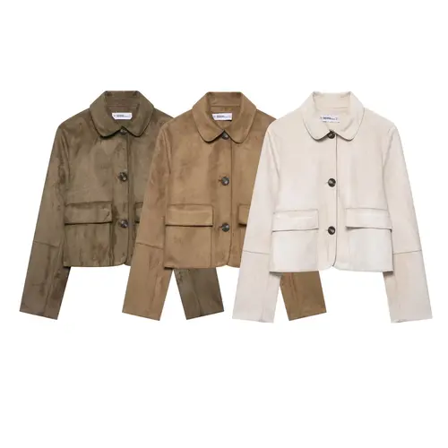 Chaqueta de ante para mujer, abrigo con bolsillos informales Vintage de calle de otoño, chaquetas cortas de moda de manga larga con solapa sólida