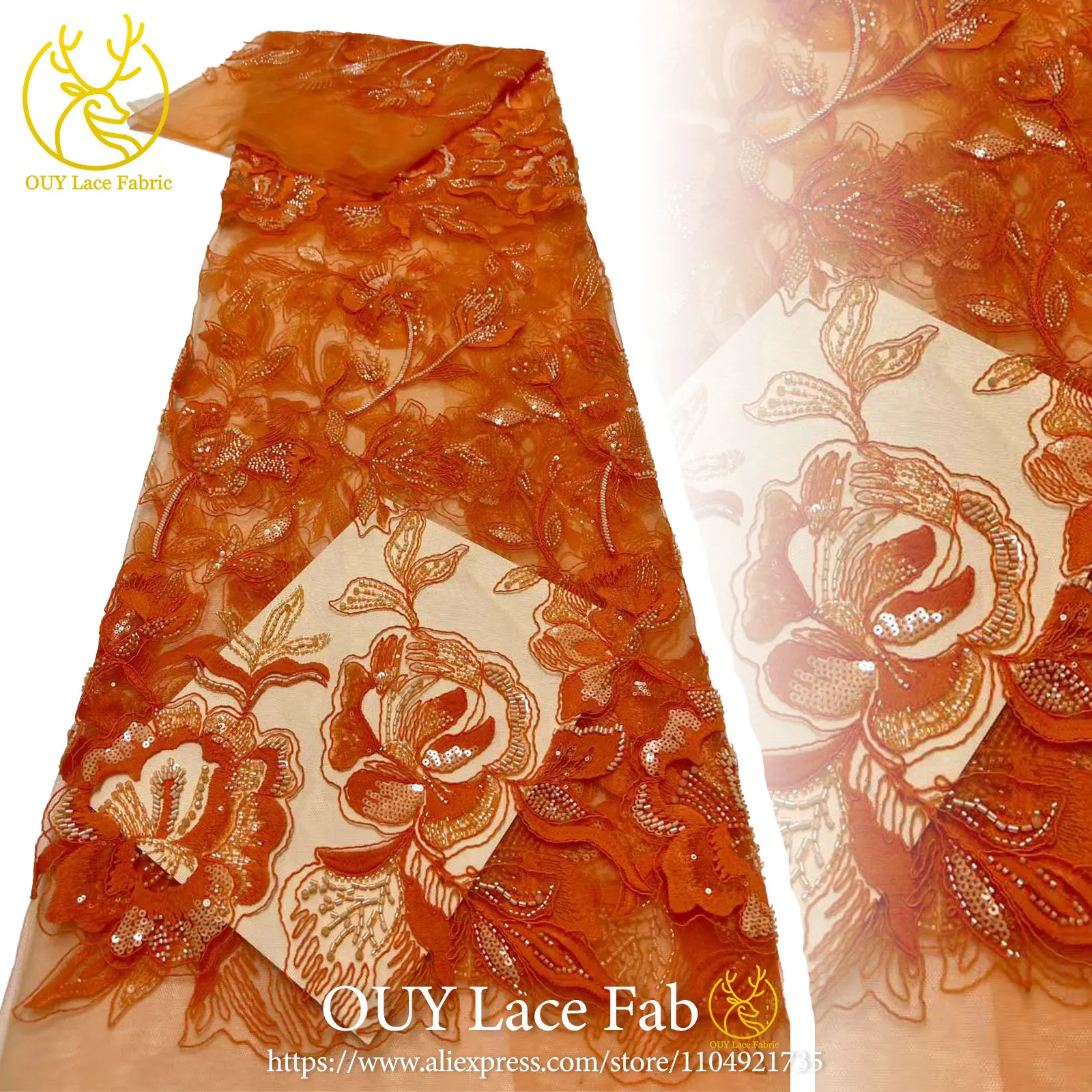 

Orange African Sequin Embroidered Lace Fabric, 5 Yards High-Quality French-Nigerian Beaded Lace Fabric Women's Party Dresses
