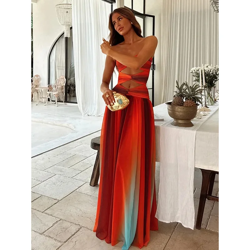 

Элегантное женское макси-платье BKQU с градиентным эффектом тай-дай, вырезами и открытыми плечами, без бретелек, А-силуэт, длинное, для летних вечеринок, коллекция 2026