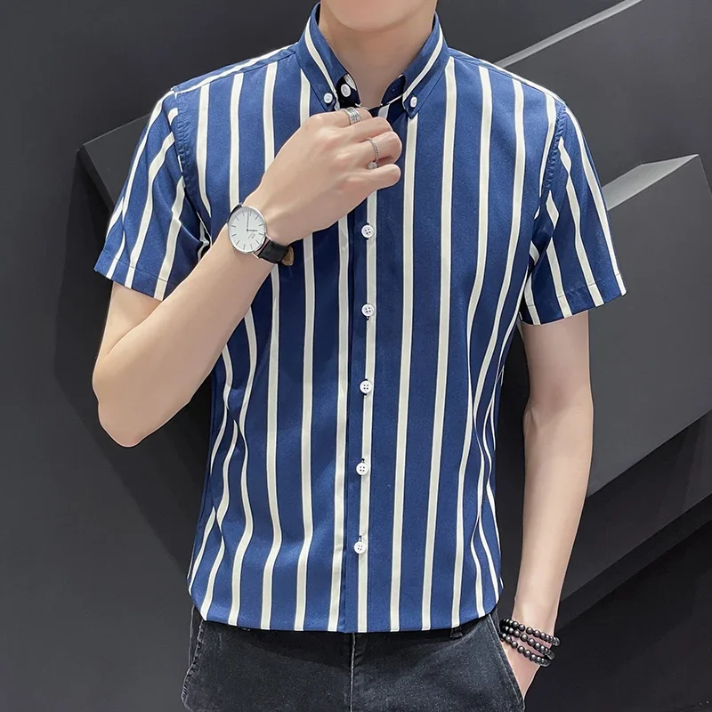 

Summer Men's Striped Shirts Casual Slim Fit Short Sleeve Button Down Shirt