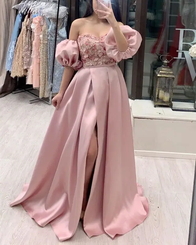 

Elegant Evening Dress Satin Long Pink Lilac Lace Applique Puffy Sleeves A Line Slit Sweetheart Formal Party Prom Gowns Custom