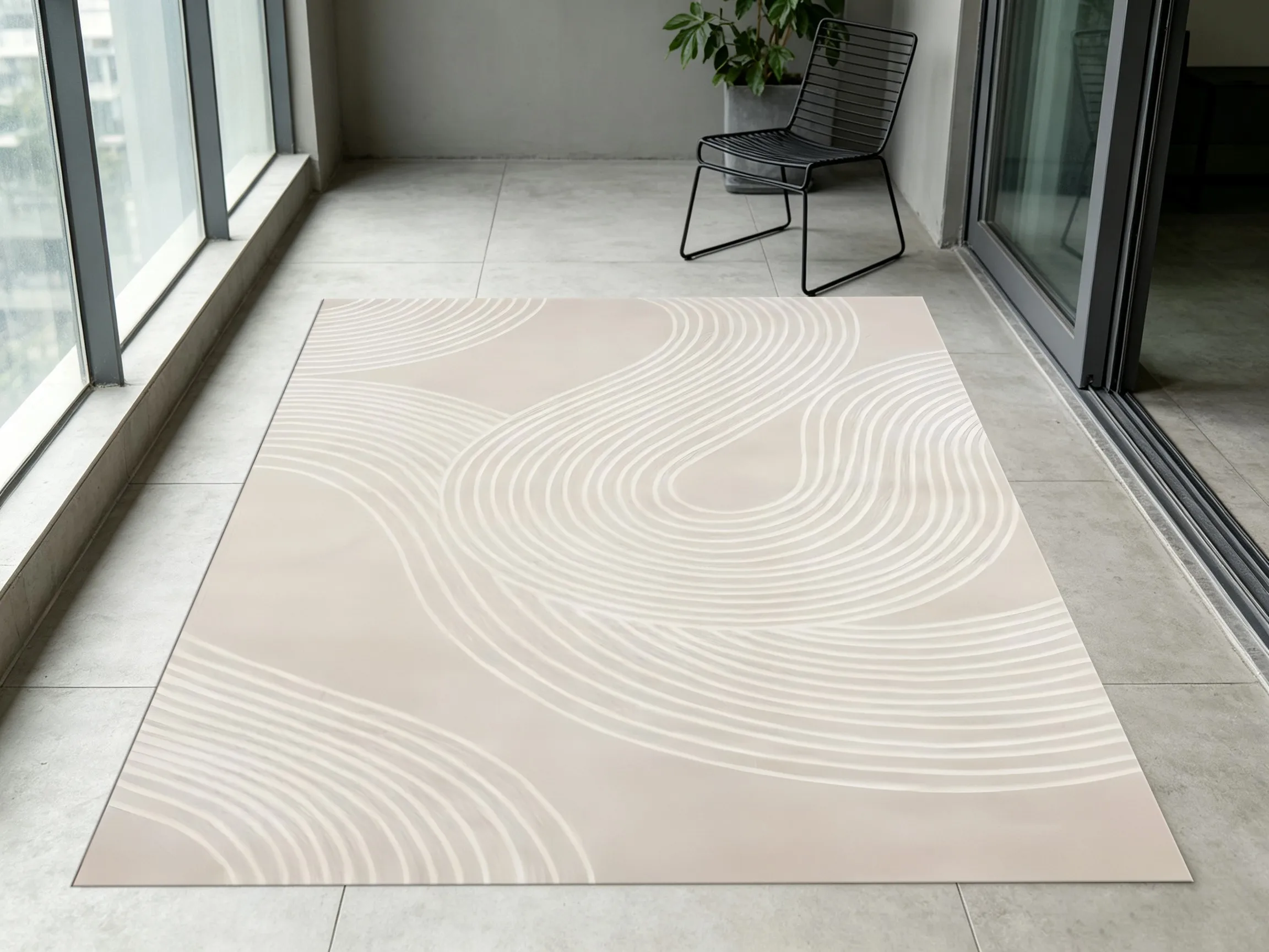 2D Large Carpet Milky White Flowing Curved Lines Minimalist Wabi Sabi Style Living Room Bedroom Rug