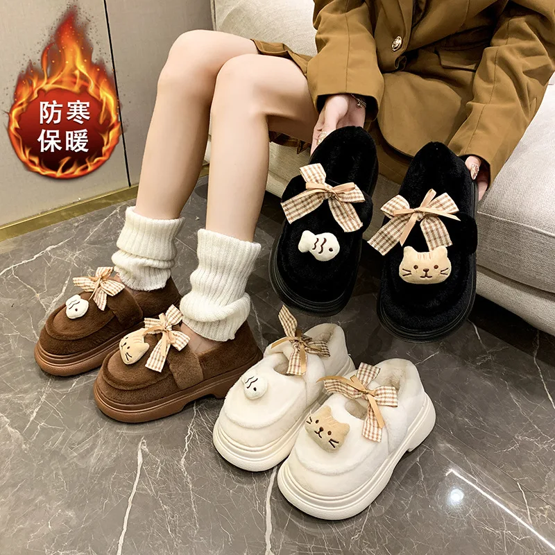 

Cute Cotton Slippers for Women with Bows, Cat 2025 New Autumn and Winter Style, Outerwear with Fleece Warmth, Plush Slippers