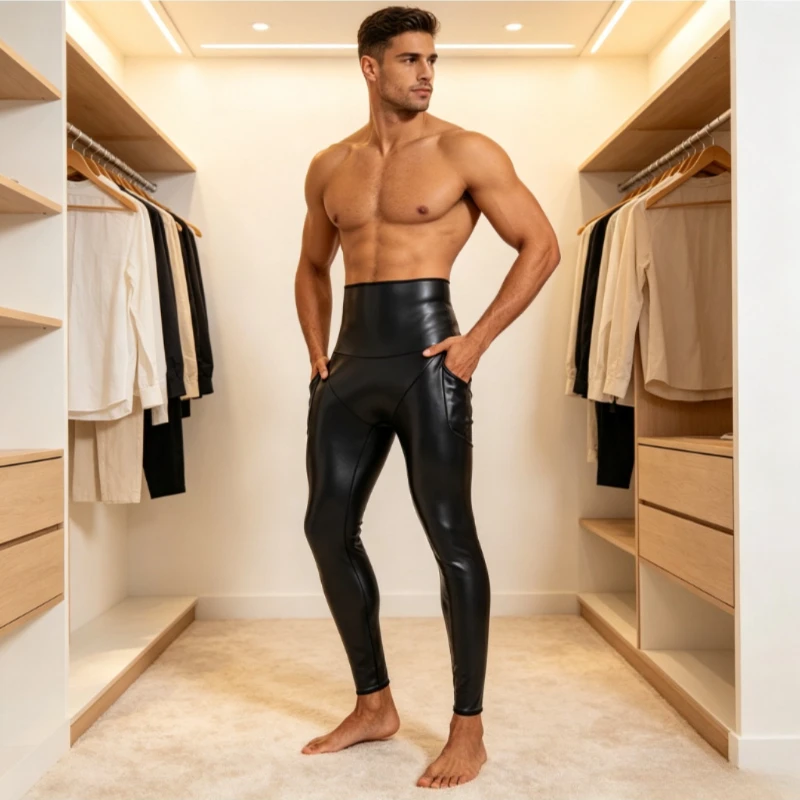 Men Pu Leather Tight Sports Pants Tummy Waist Shaper with Pockets Compression Pants for Gym Training Yoga