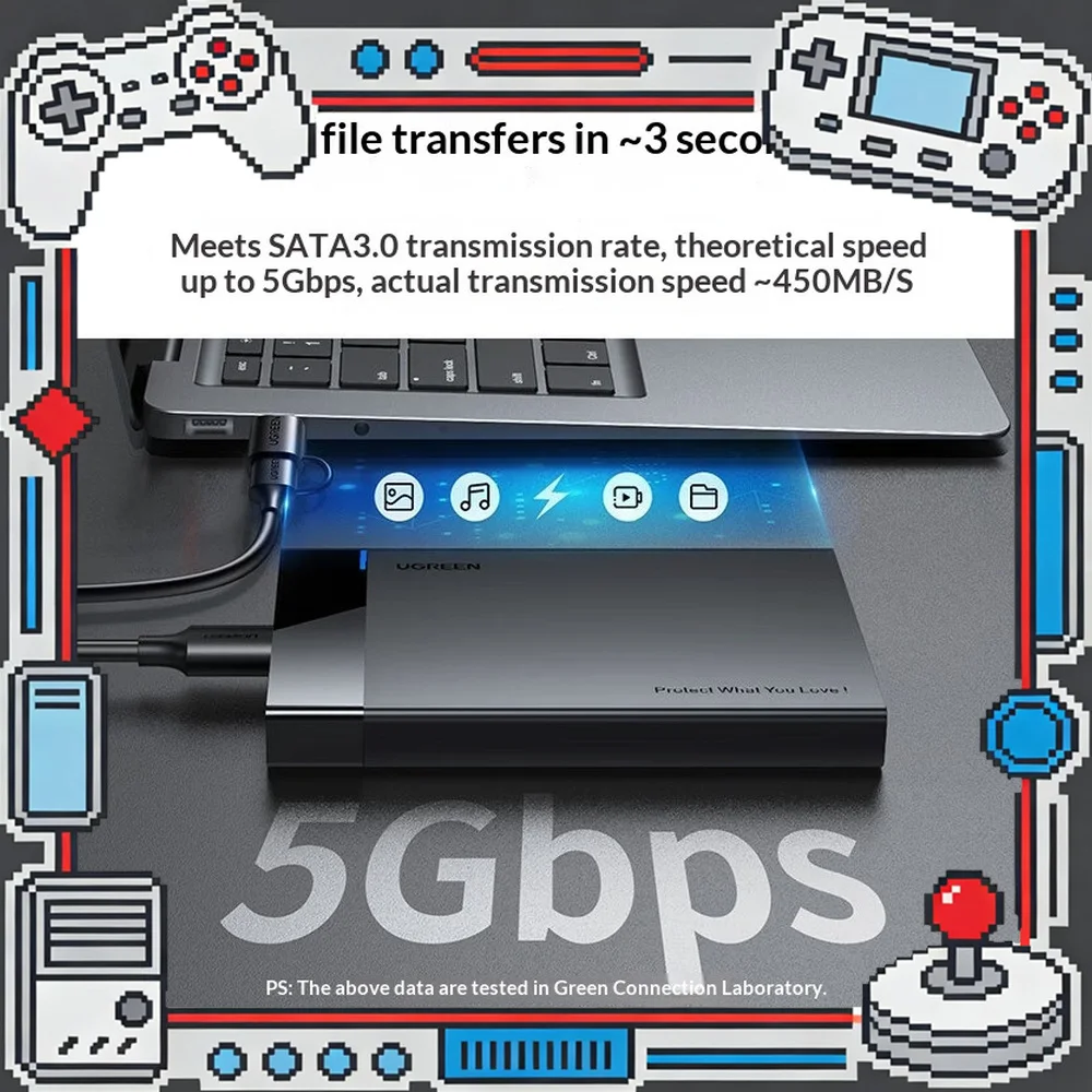 UGREEN US221 60734 2.5 Inch SATA to USB 3.0 External Hard Drive Enclosure with USB A USB C 2 in 1 Cable