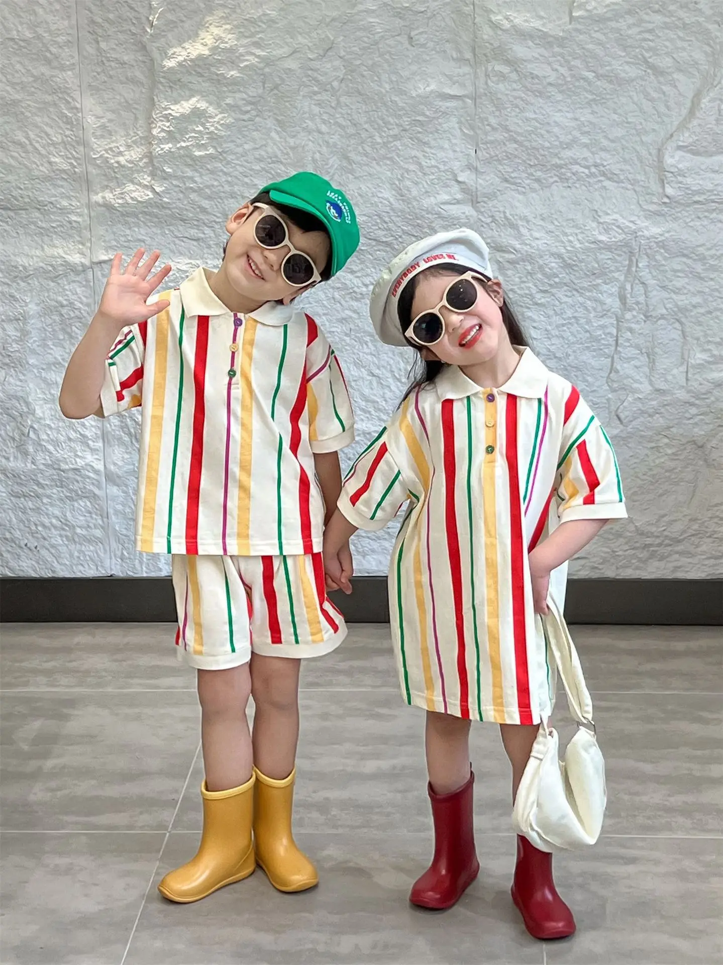 2024 Summer Korean Childrens Clothing Colorful Dress Short Sleeved Shorts Set for Boys and Girls Cute Designable Summer Clothes