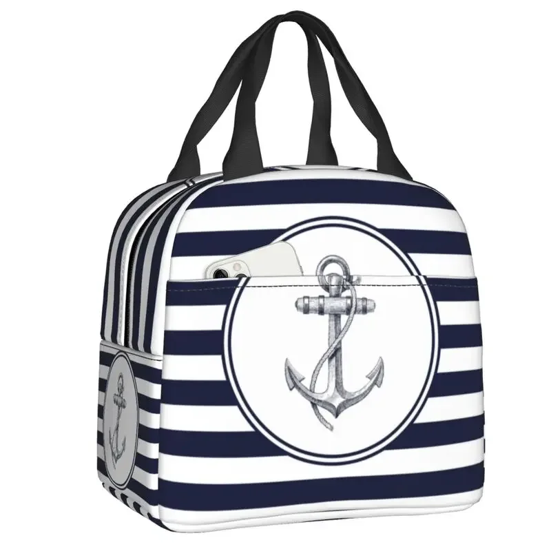 Nautical Navy Blue Anchor Stripes Insulated Lunch Bag for School Office Cooler Thermal Bento Box Women Food Container Tote Bags