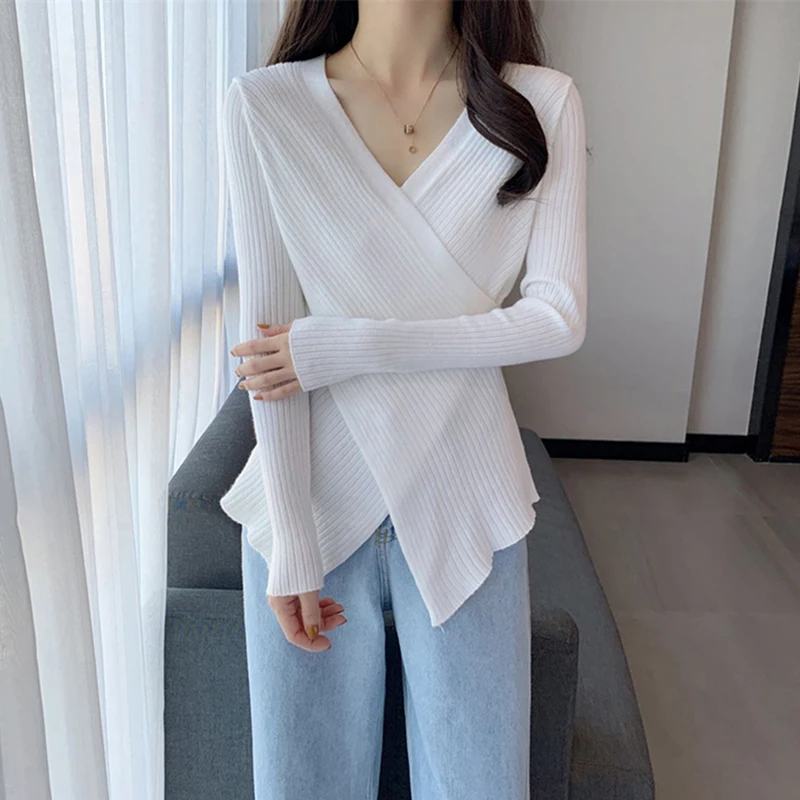 Autumn Knitted Women Pullovers Korean Elegant Folds Slim Long Sleeve Female Casual Sweaters Fashion New V Neck Ladies Jumpers