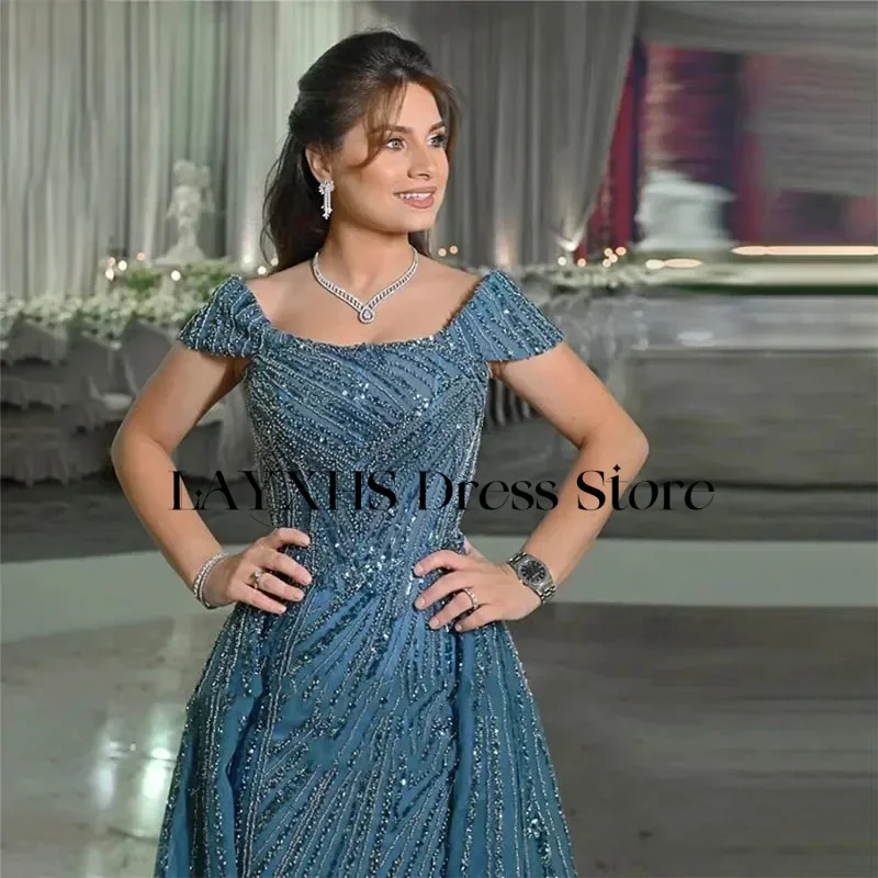 LAYXHS Luxury Off the shoulder Evening Dresses Blue Mermaid Beaded Court Train Prom Dresses Customized فساتين سهرة