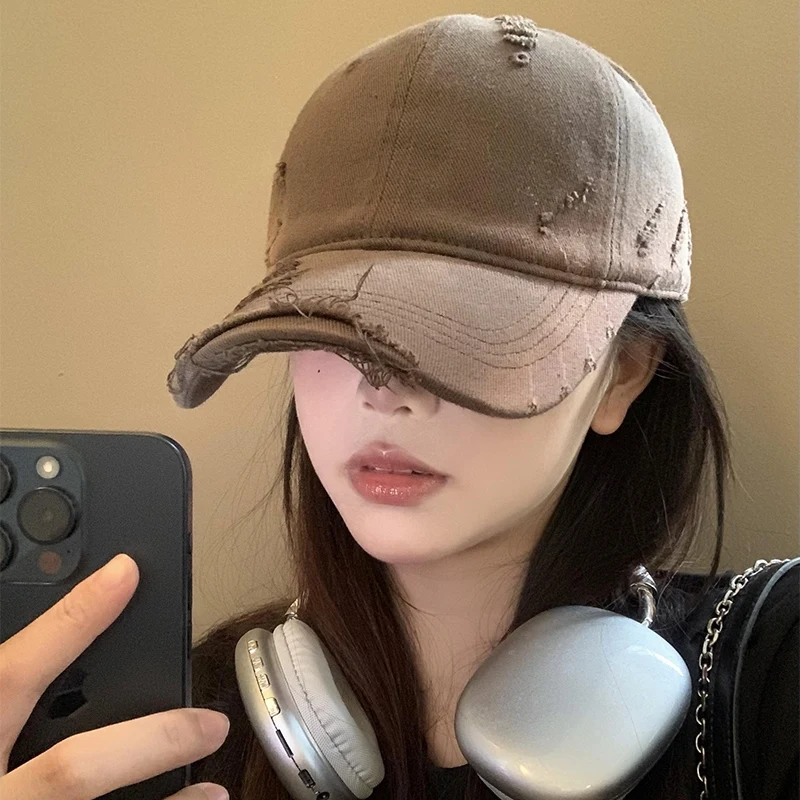 Retro Baseball Cap Women's Wide Brim Large Head Circumference Coffee Color Faded Hole Duckbill Cap Face Slimming Trendy Hat